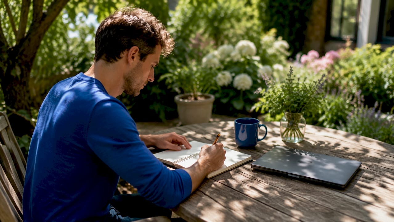 Person writing community mission at home desk