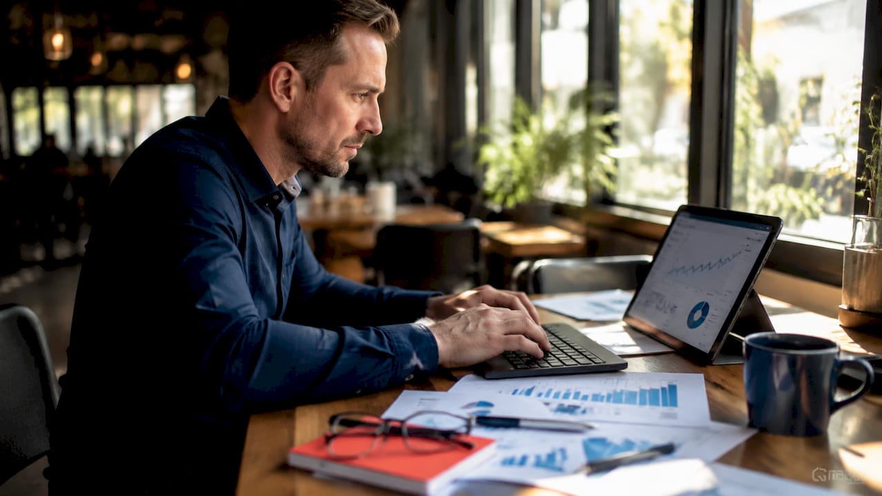 Hands typing SEO analysis reports at desk