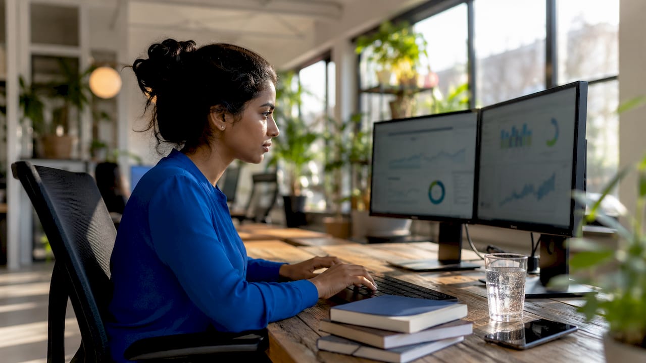 Marketer analyzing SEO data on dual monitors