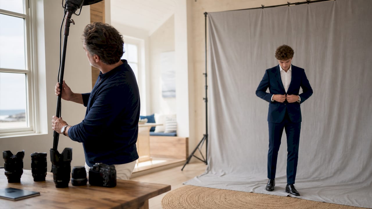 Photographer setting up headshot session with actor