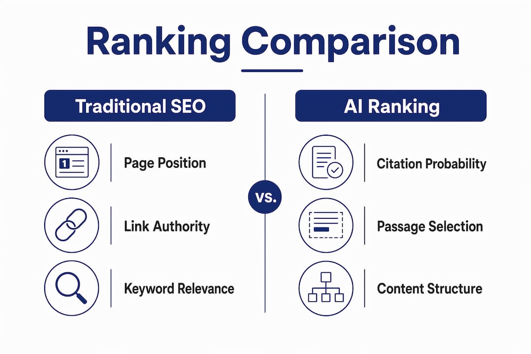 Infographic comparing traditional SEO and AI ranking factors