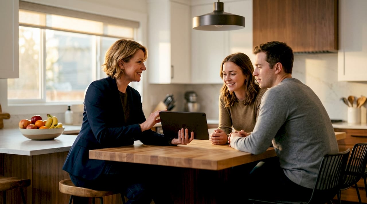 Real estate agent sharing branding photos indoors