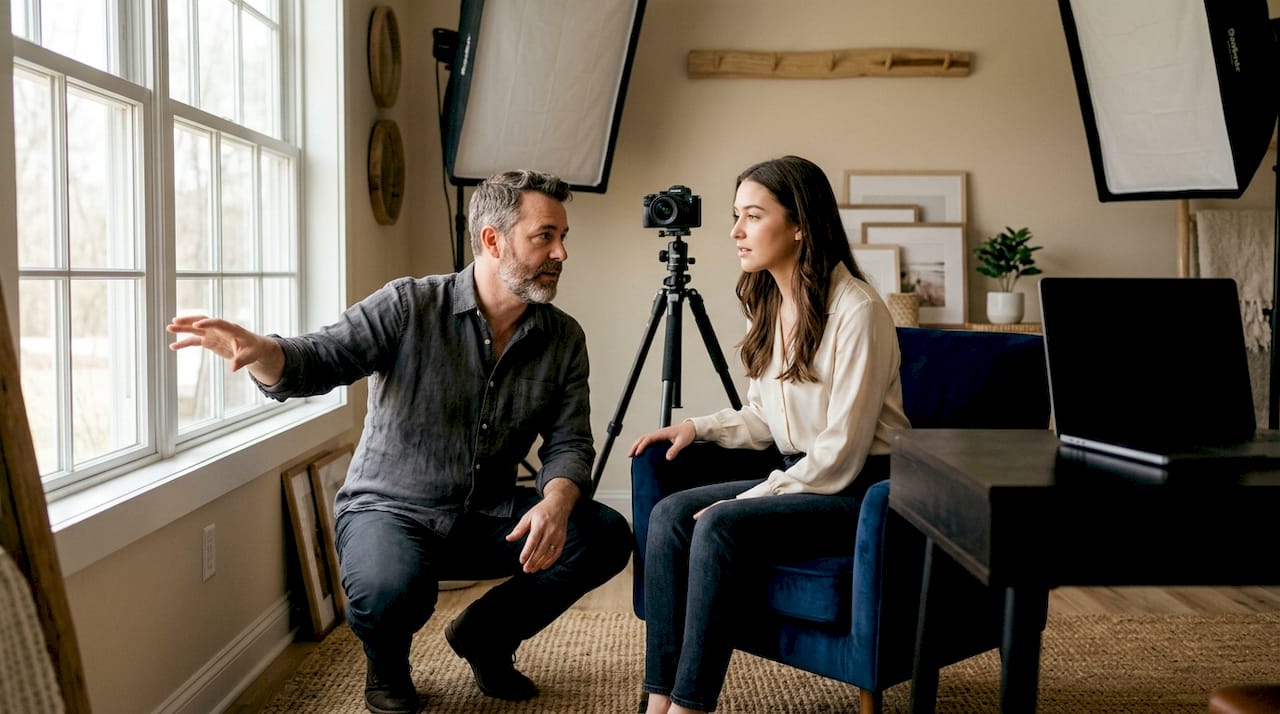 Photographer coaching actress in studio setting
