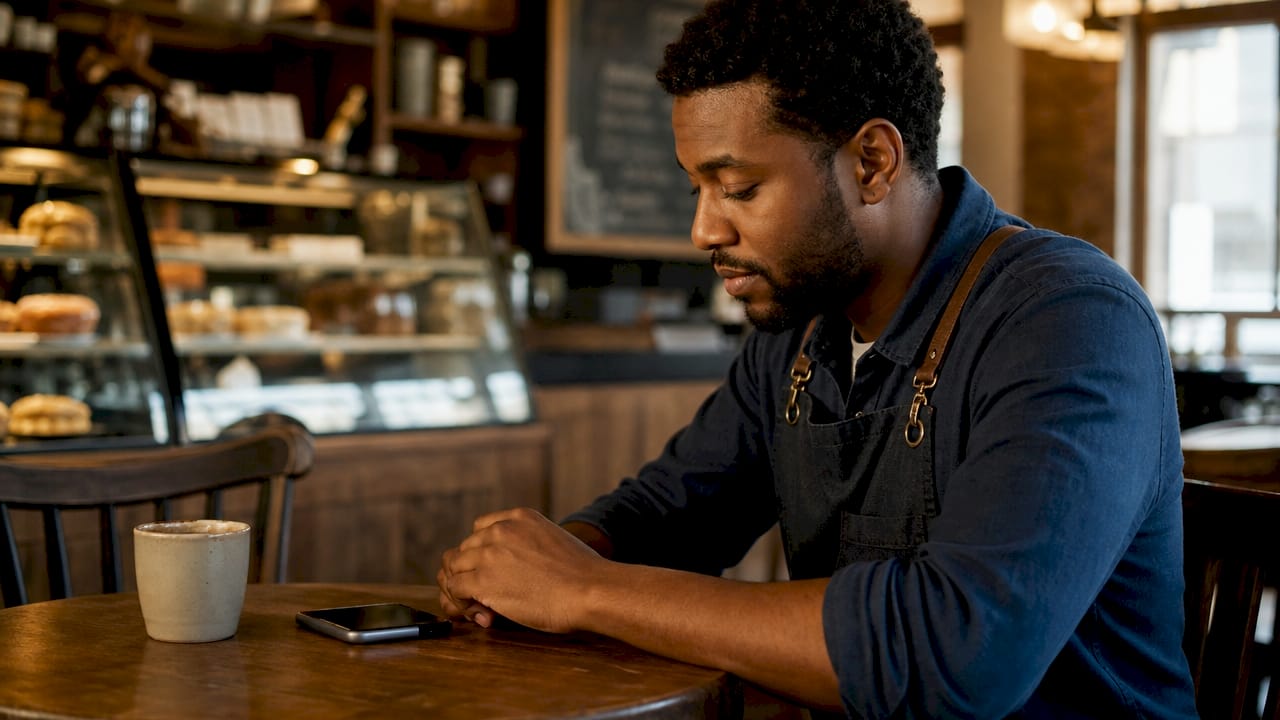 Employee checking reminder message on phone