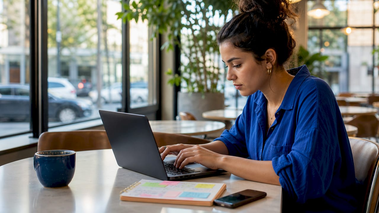 Hands typing social media content on laptop