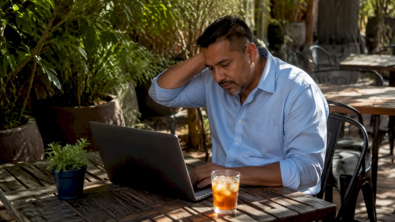 Man reviewing profile image on laptop at co-working space