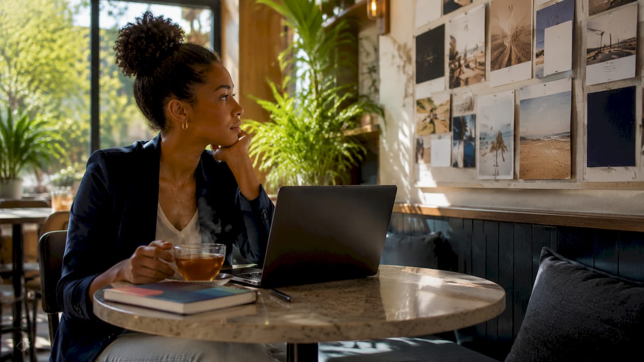 Woman reviewing branding photo gallery at home office