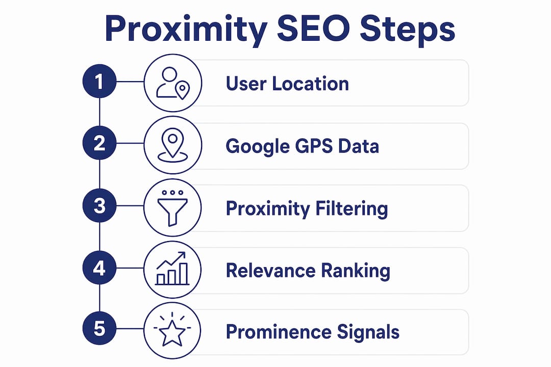 Infographic detailing key steps of proximity SEO ranking