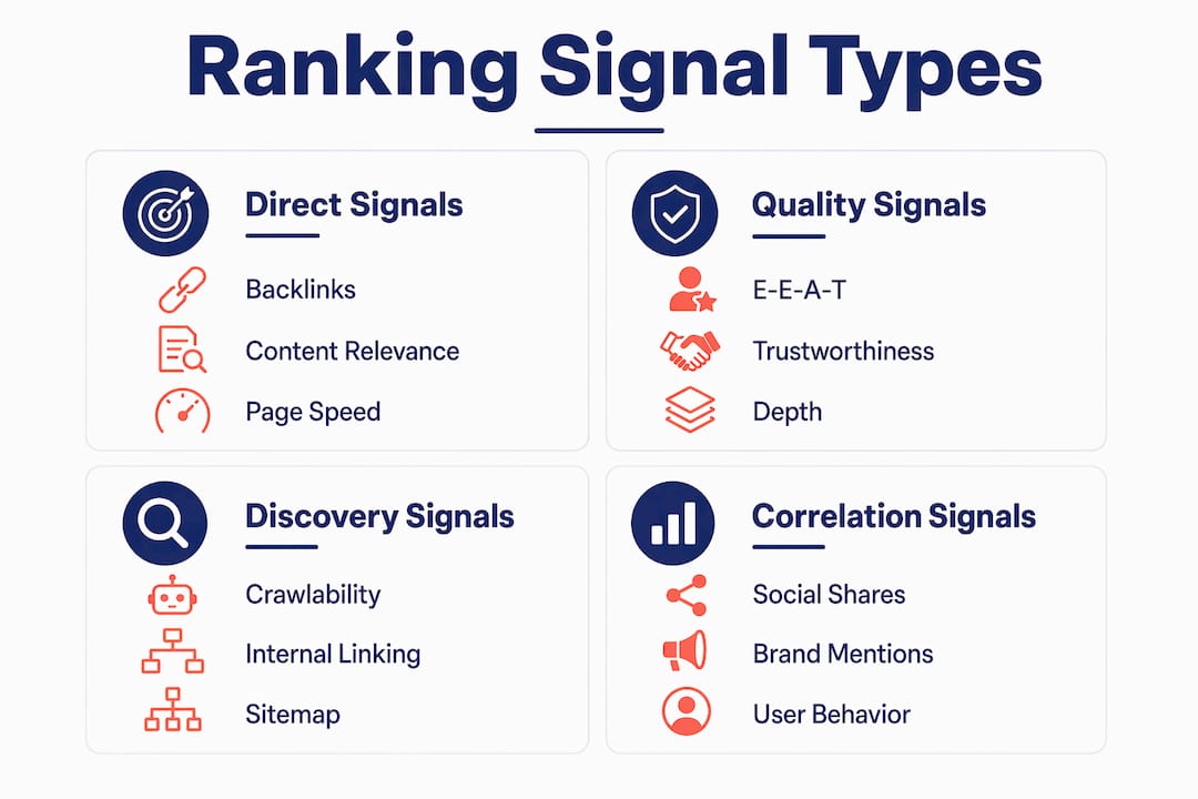 Infographic comparing types of SEO ranking signals with key examples