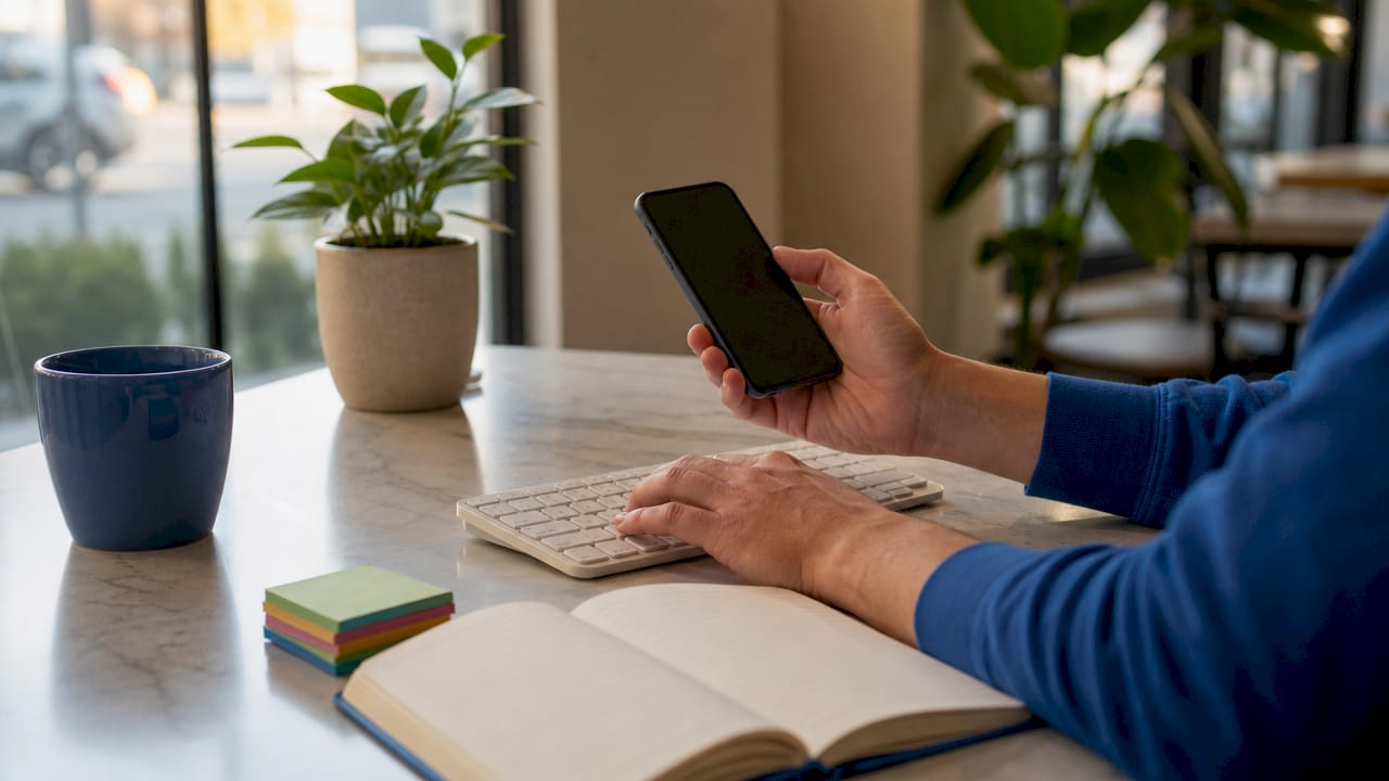 Hands typing and holding phone in co-working space