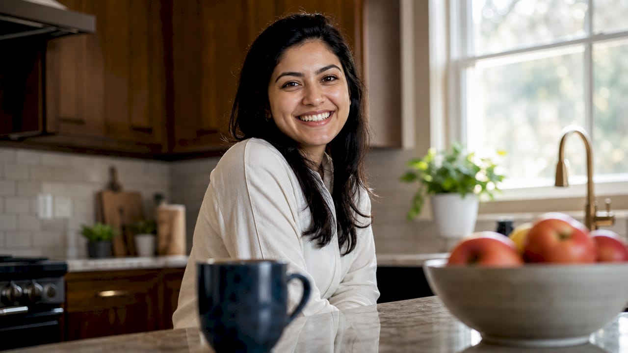 Woman practicing natural friendly smile