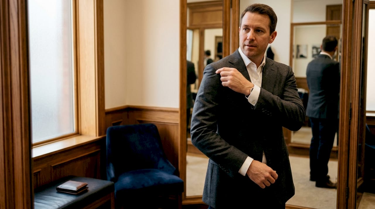 Man adjusting tailored blazer in mirror