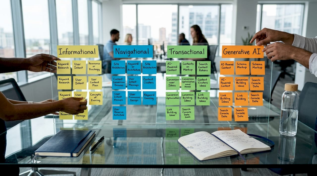 Overhead hands sorting search intent category cards