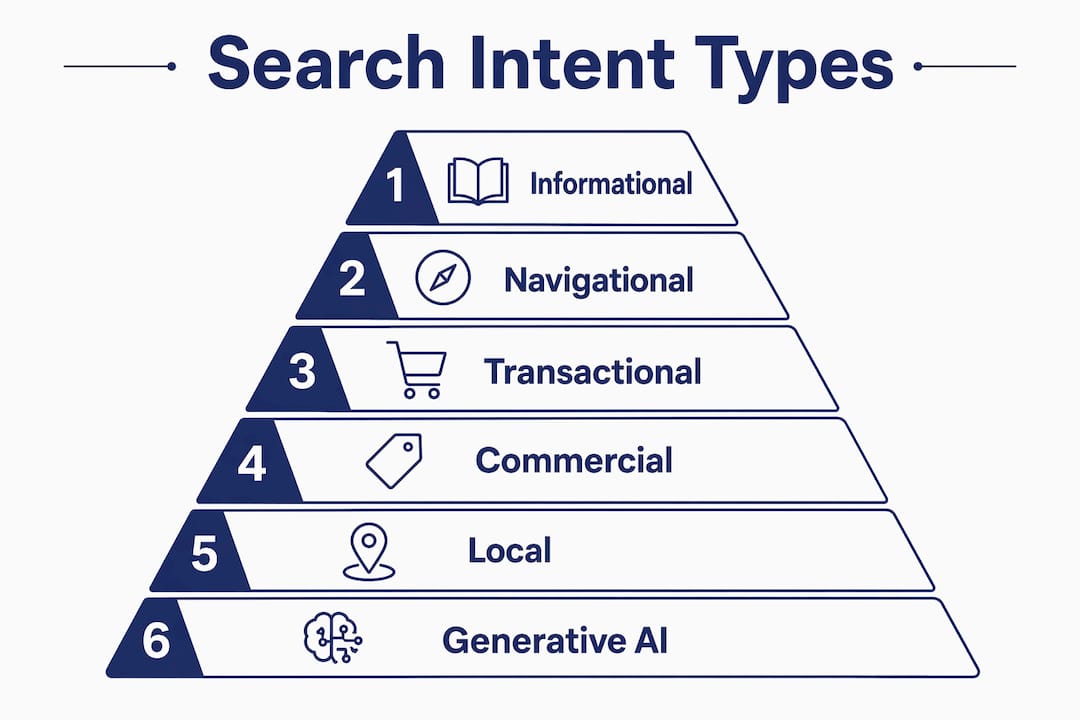 Infographic showing six search intent types in pyramid layout