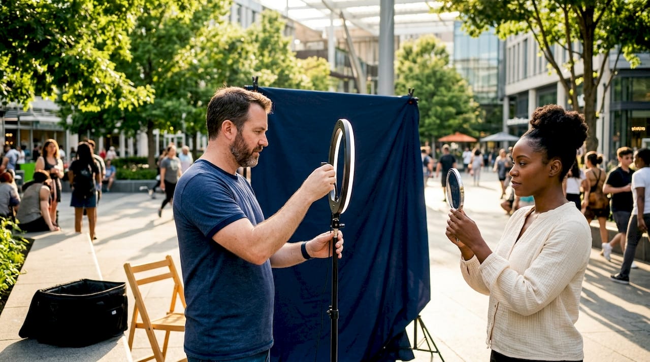 Photographer preparing mobile studio for employee headshots