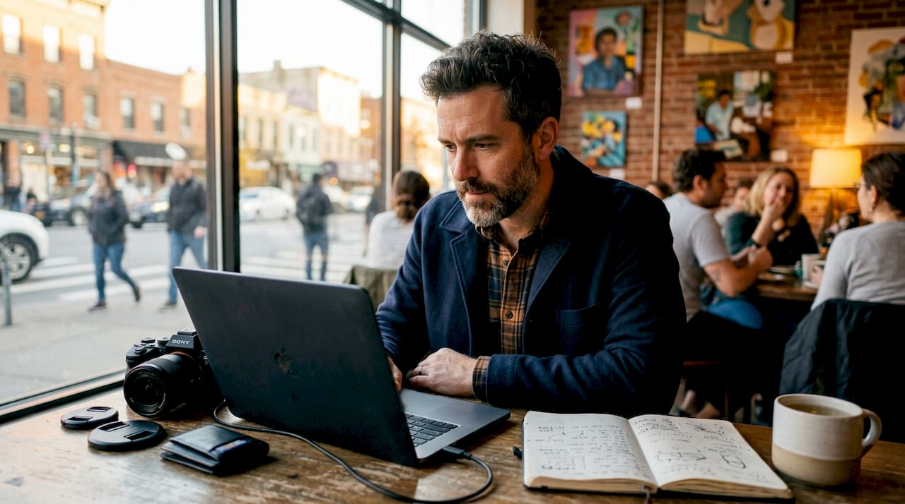 Photographer reviewing tethered images on laptop