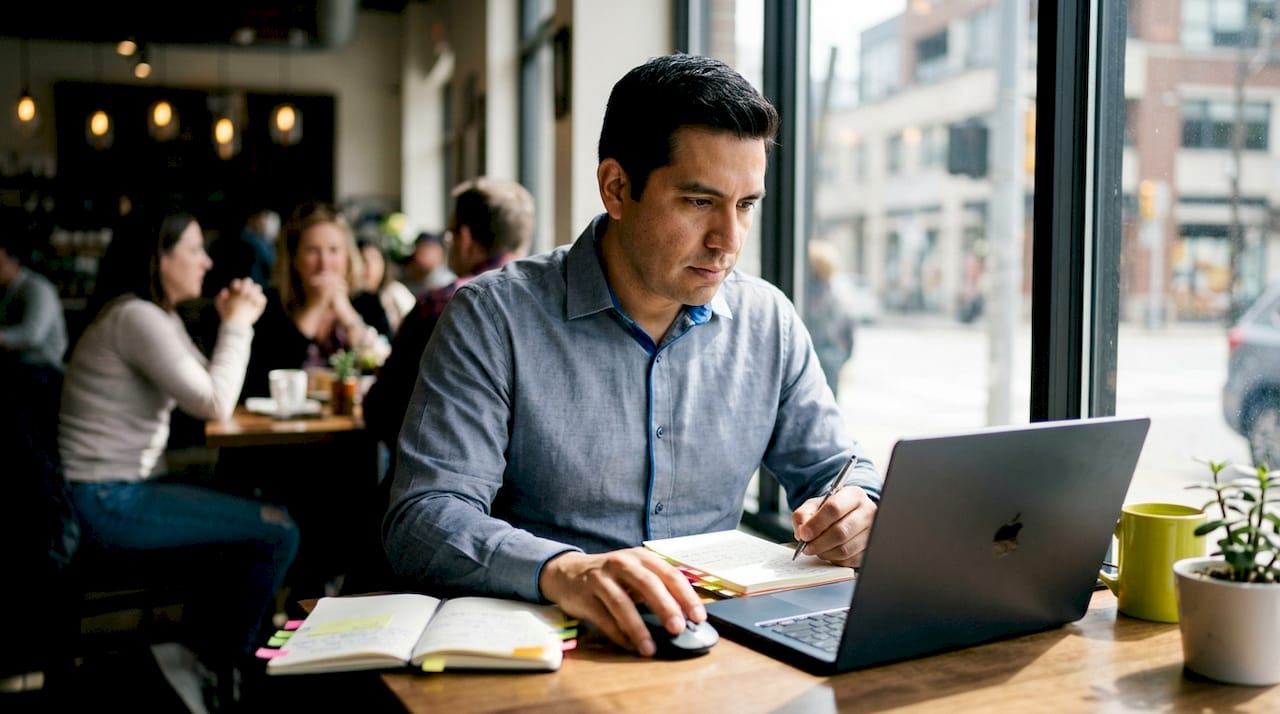 Marketer analyzing segmentation data at home desk