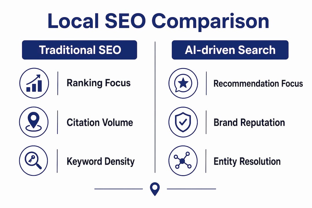 Infographic comparing traditional local SEO and AI-driven search