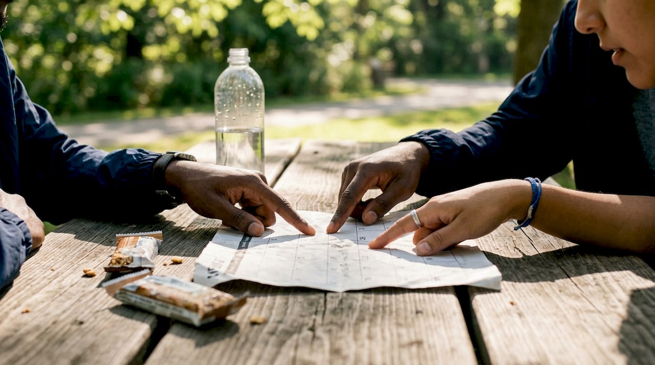 Hands pointing at tablet with scheduling materials