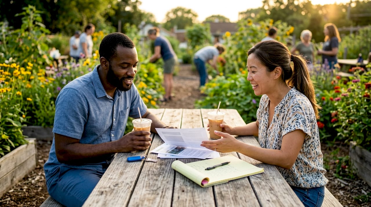 Two business owners discussing marketing ideas
