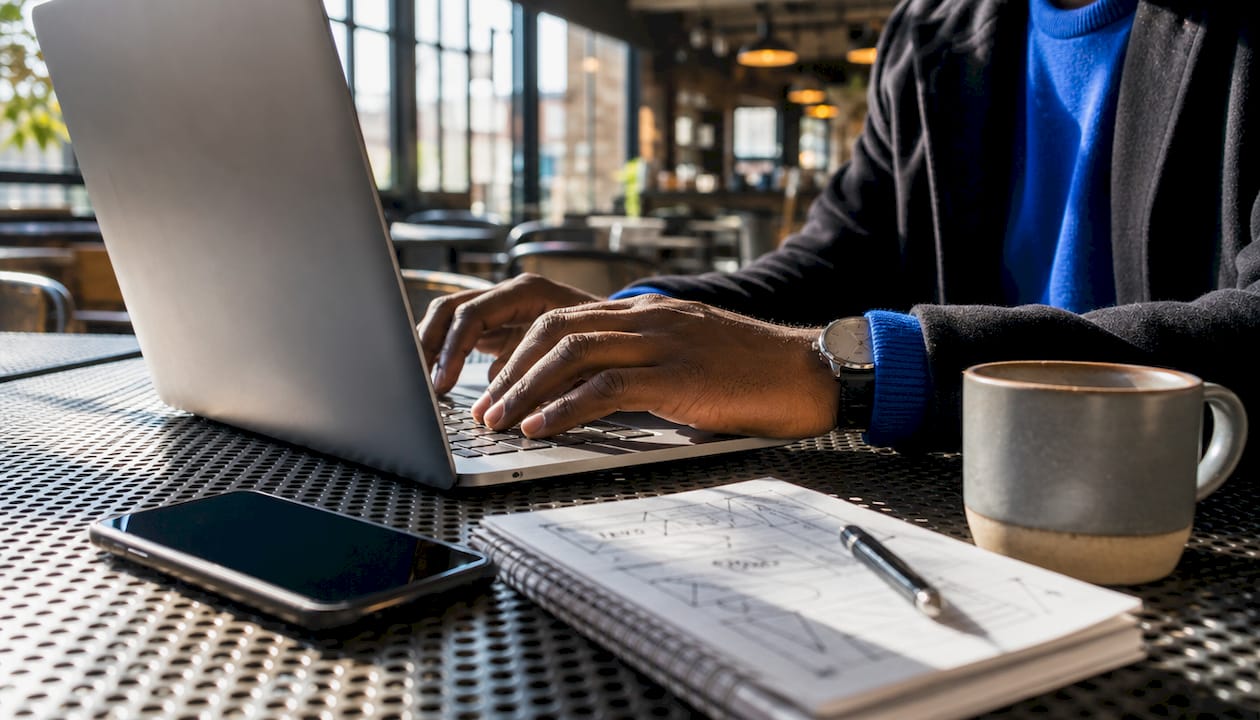 Hands typing on laptop in co-working space
