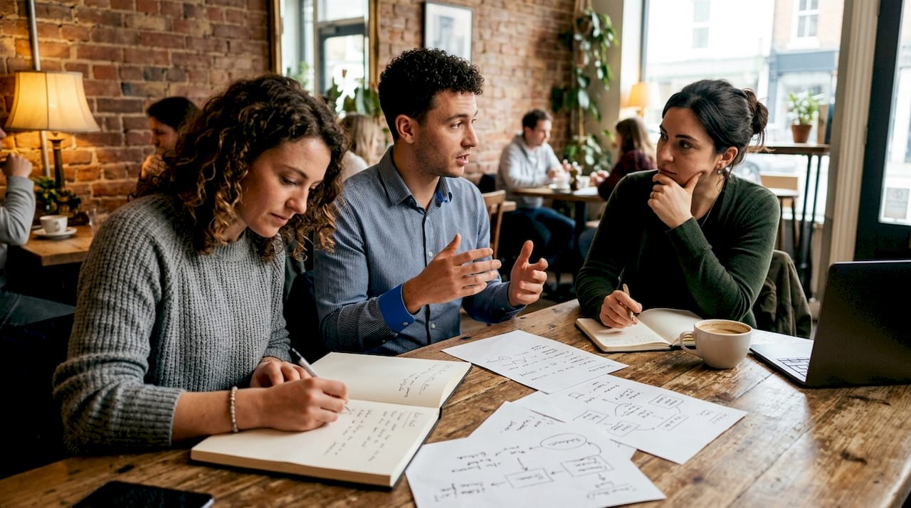 Marketers brainstorming brand story framework