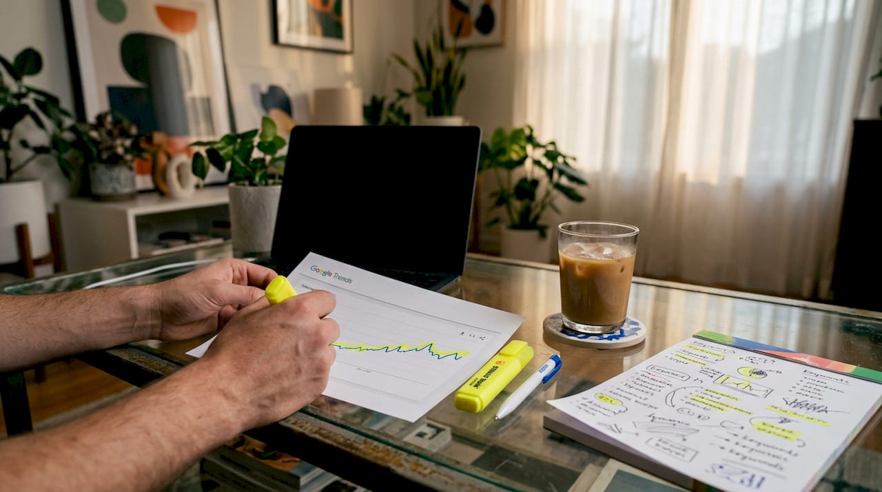Hands annotating seasonal SEO trend charts