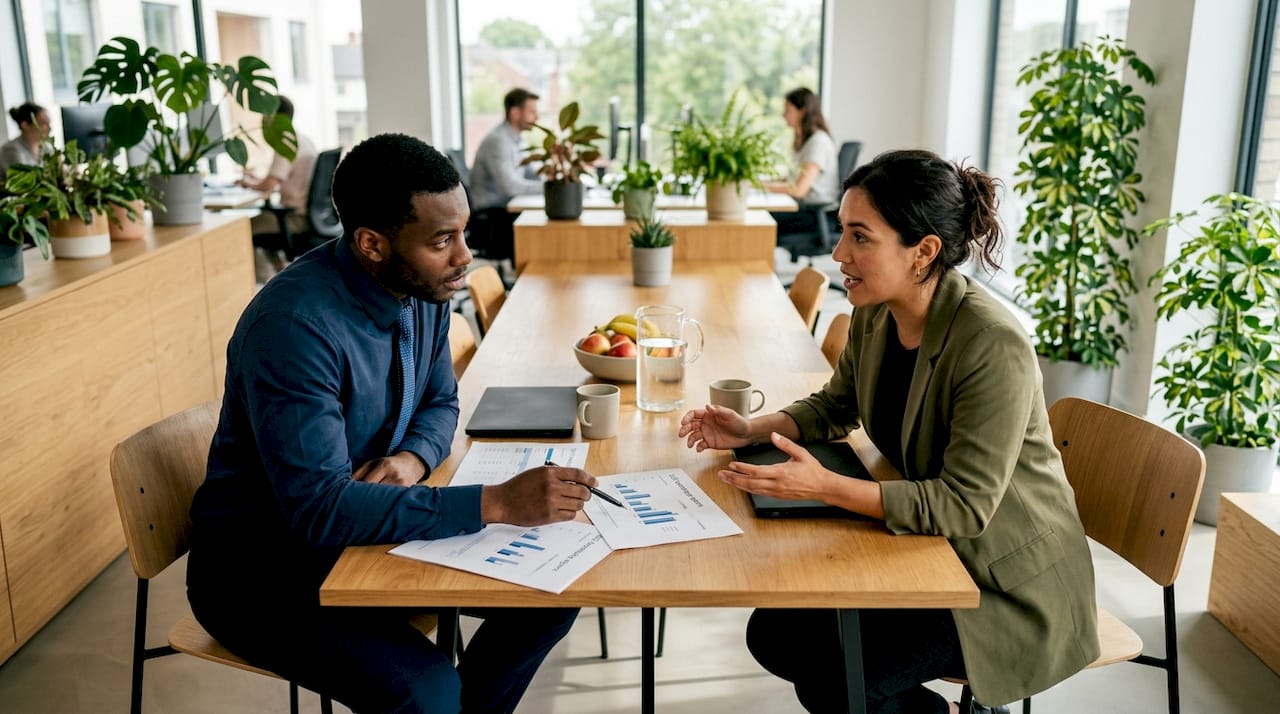 Two professionals discussing SEO strategy