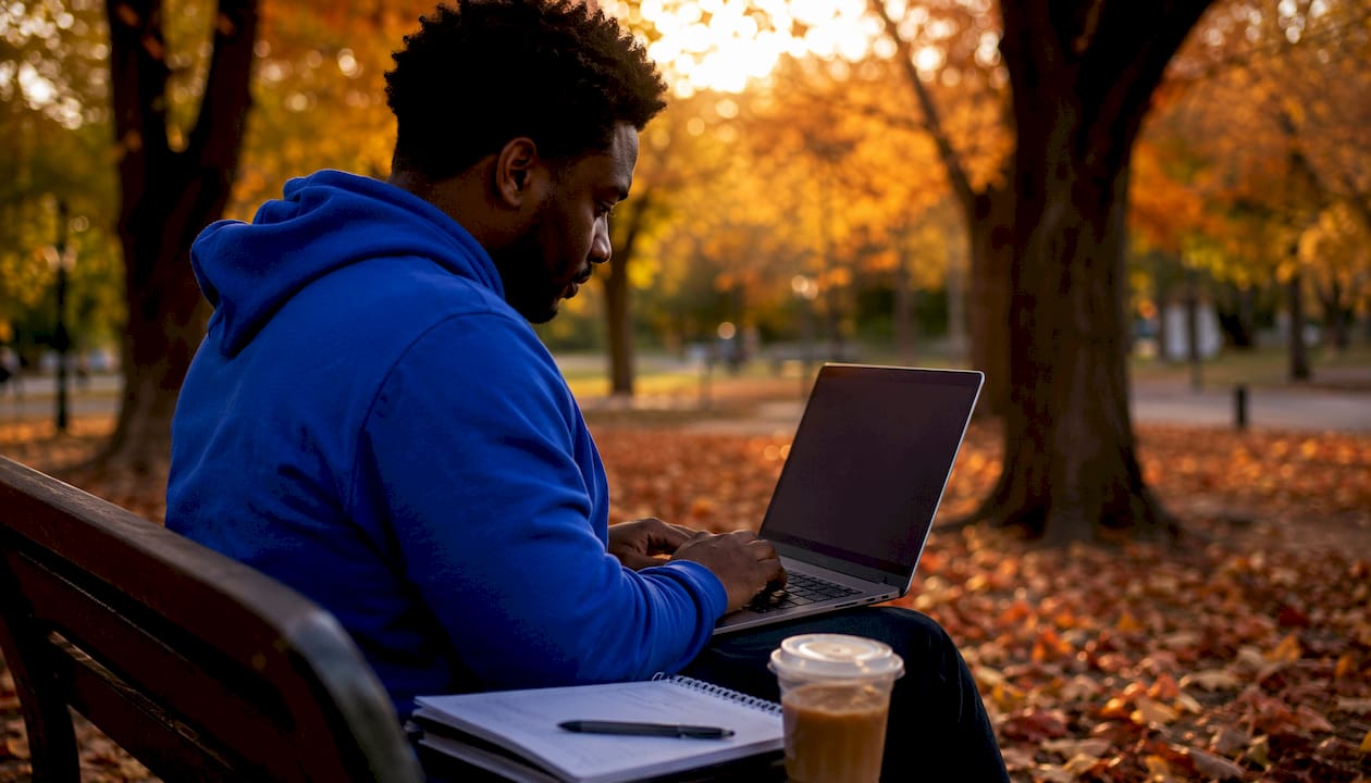 Man analyzing customer reviews on laptop in café