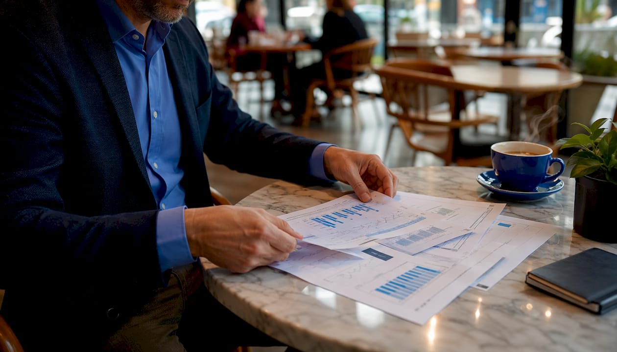 Hands arranging search visibility keyword ranking reports