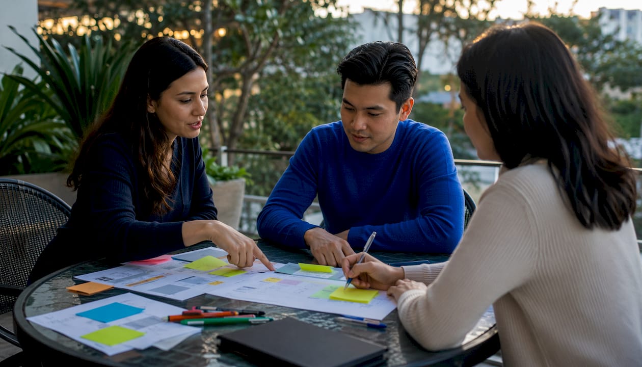 Hands collaborating on marketing strategy documents and notes