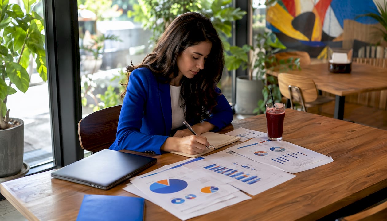 Woman planning digital marketing calendar at desk