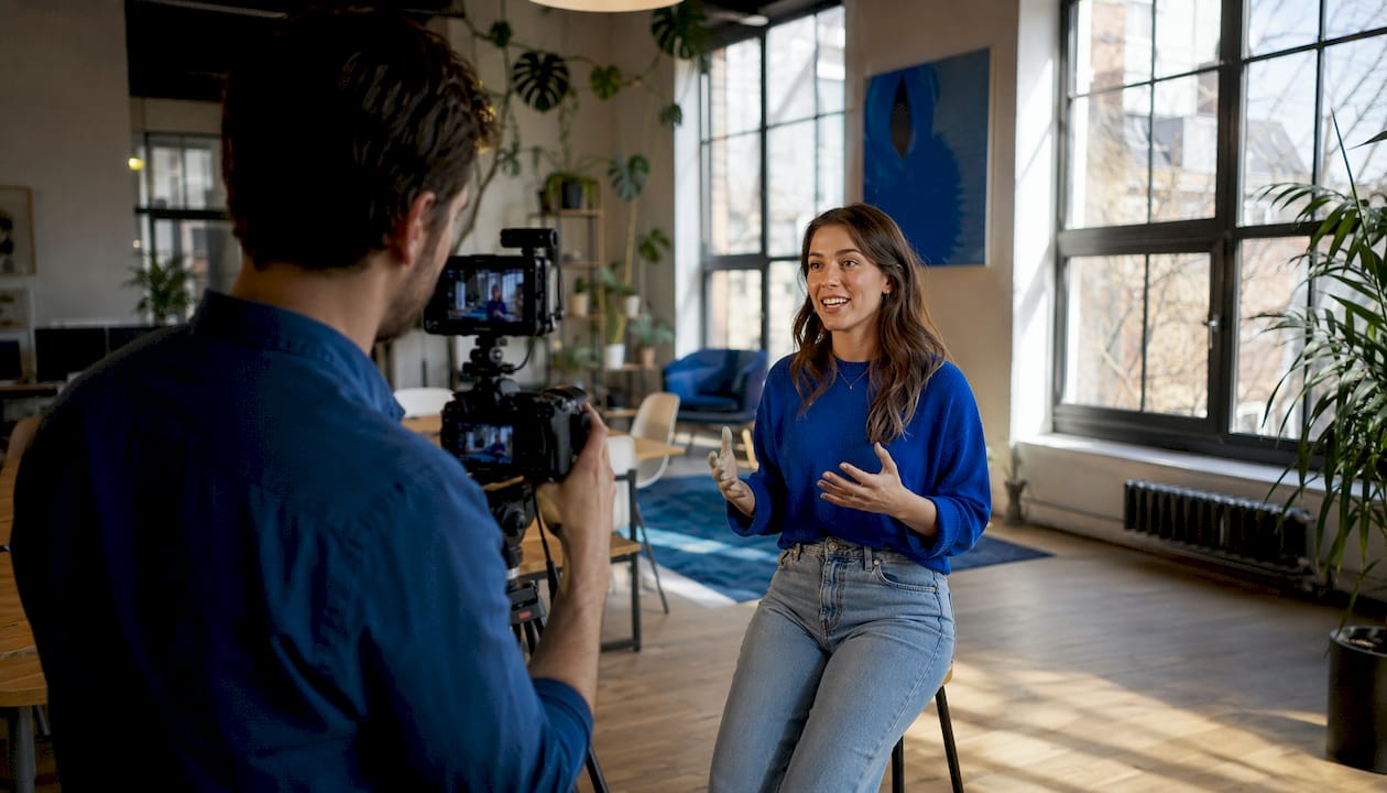 Filmmaker shooting brand video outdoors
