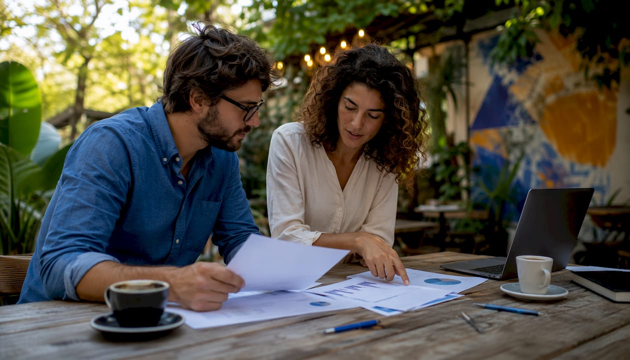Two marketers discussing user generated content analytics