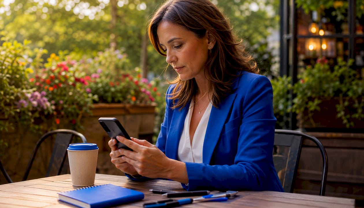 Businesswoman uploading photos on smartphone at café