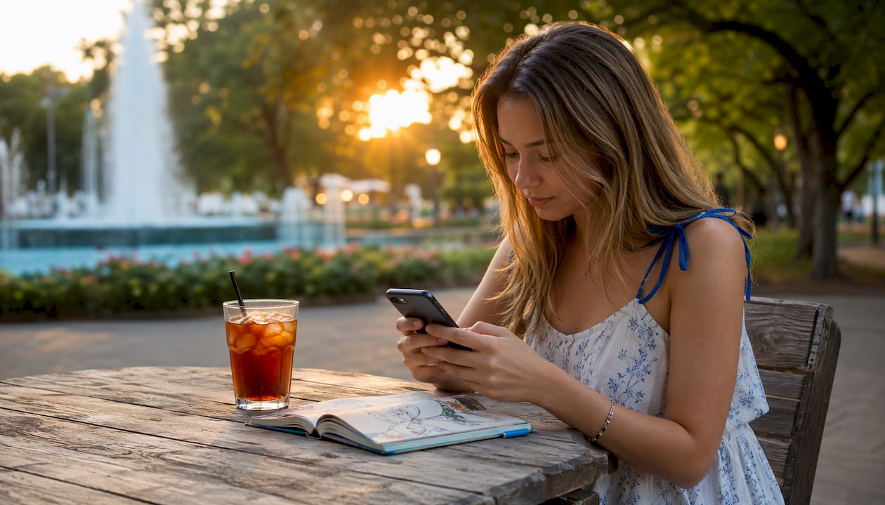 Woman viewing smartphone outdoors at café