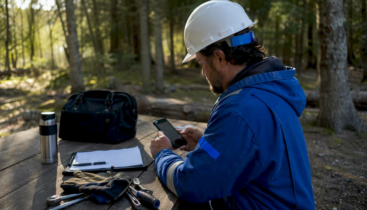 Field technician hands with smartphone at workbench