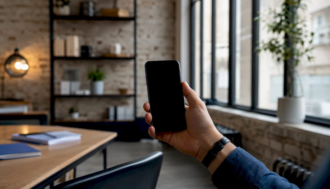 Hand holding phone with dark screen over table