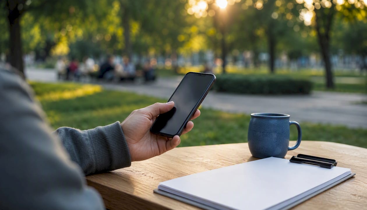 Hand holding smartphone with dark screen over cafe table