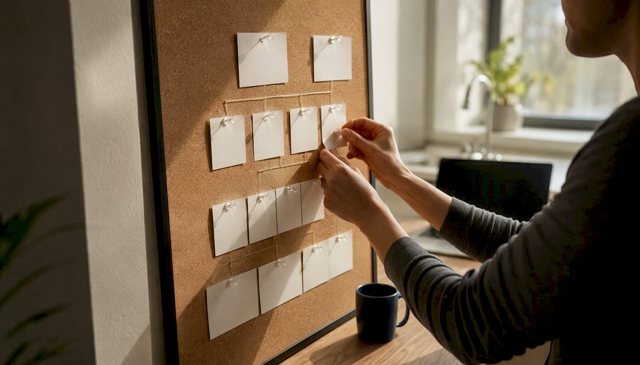 Hands organizing topic silo cards on bulletin board