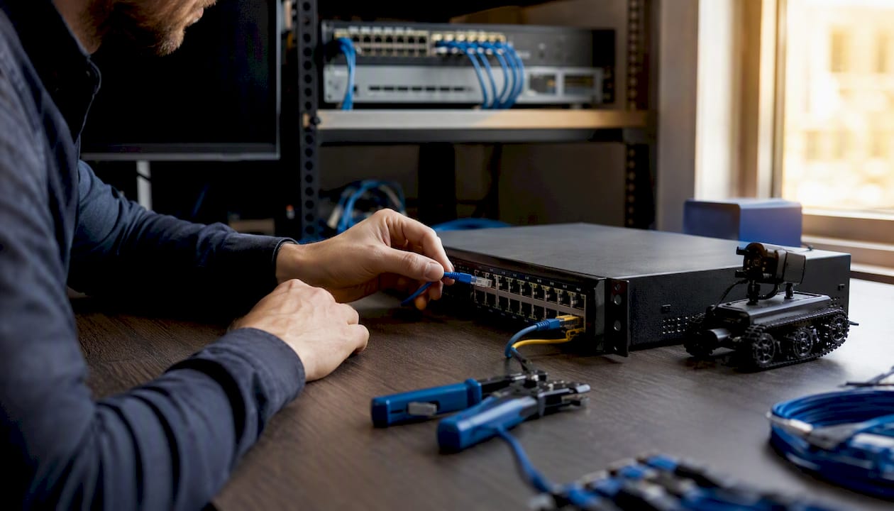 Hands connecting network cables symbolizing SEO crawl