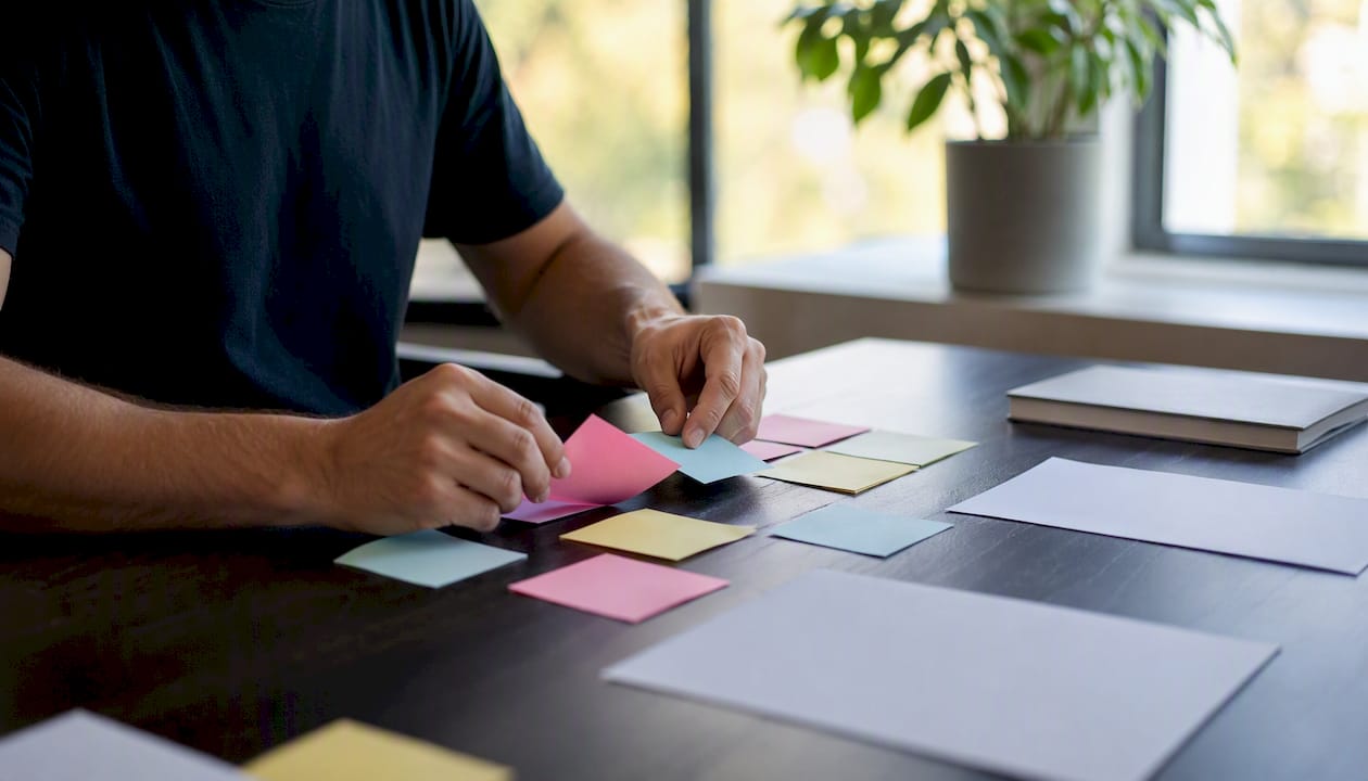 Hands organizing backlink outreach notes