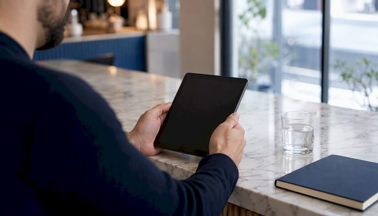 Hands holding tablet at café table