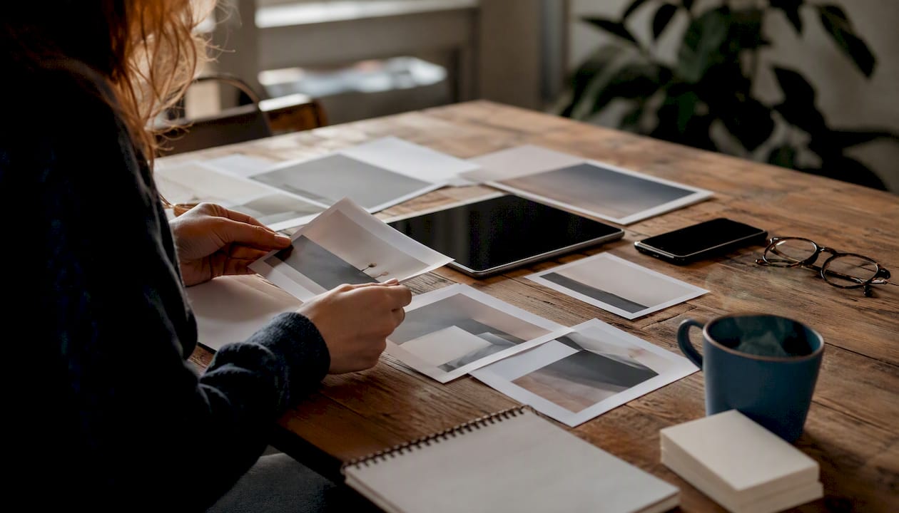 Hands preparing social media posts near smartphone