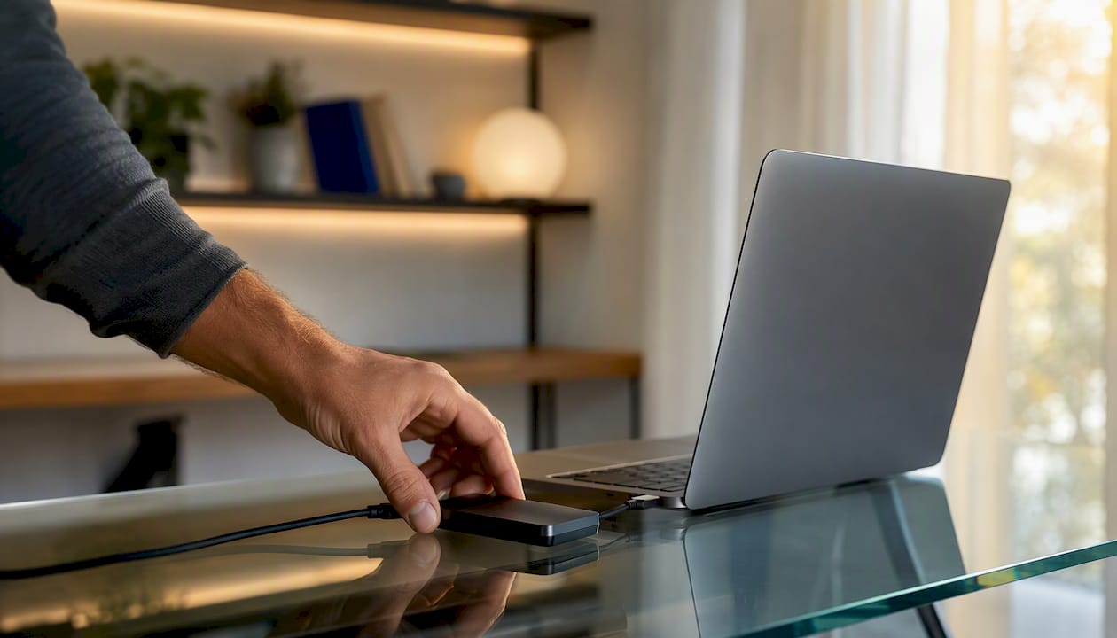 Hand adjusting external SSD on tech desk