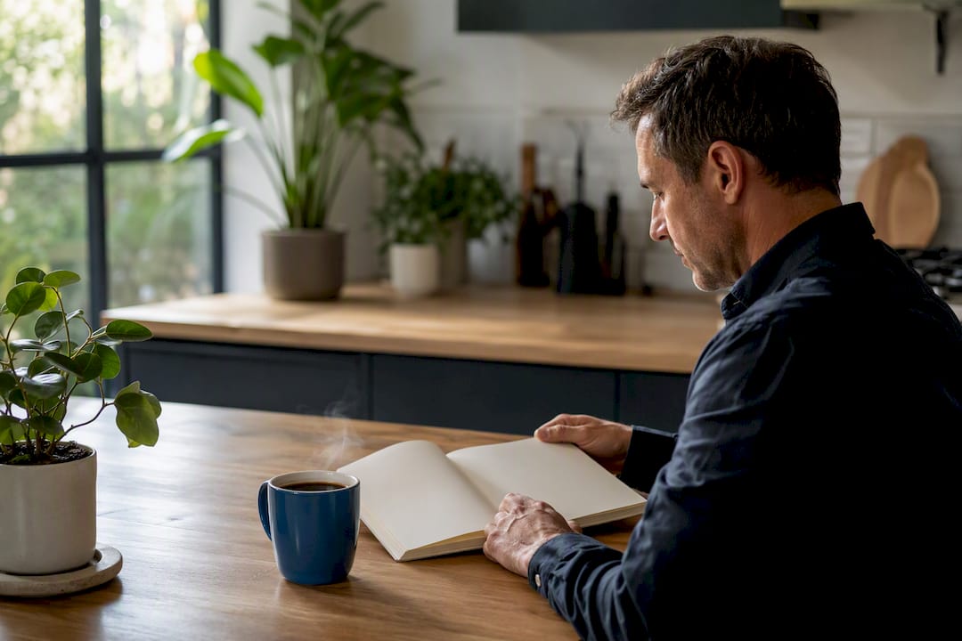 Hands resting near coffee and closed notebook