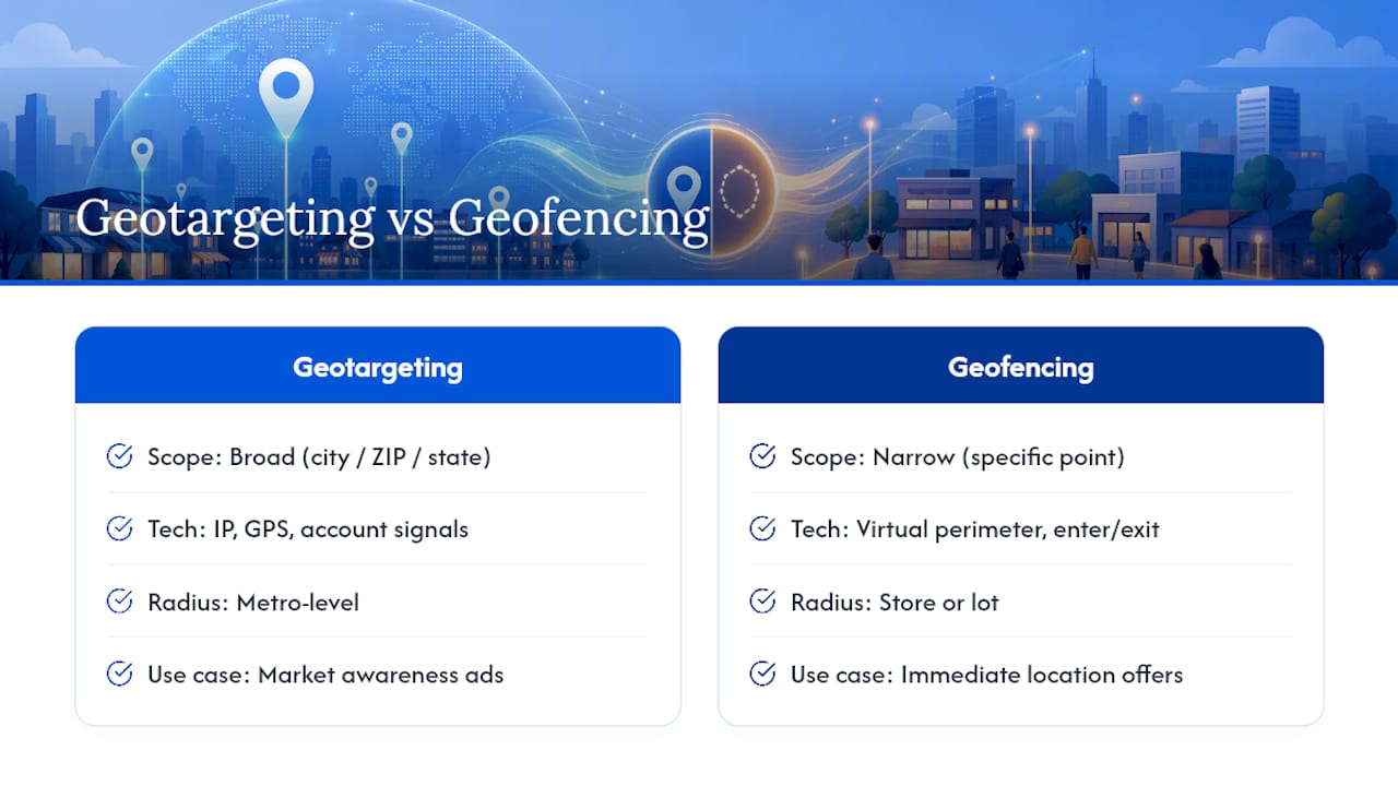Diagram comparing geotargeting and geofencing features