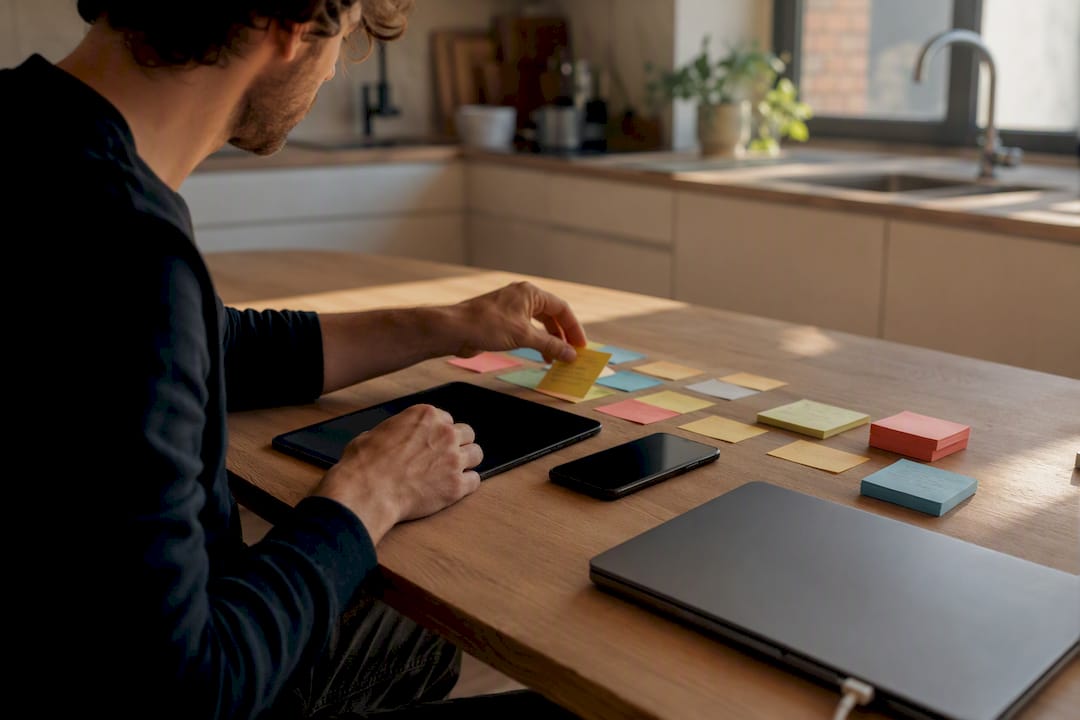 Hands labeling digital content files on tablet