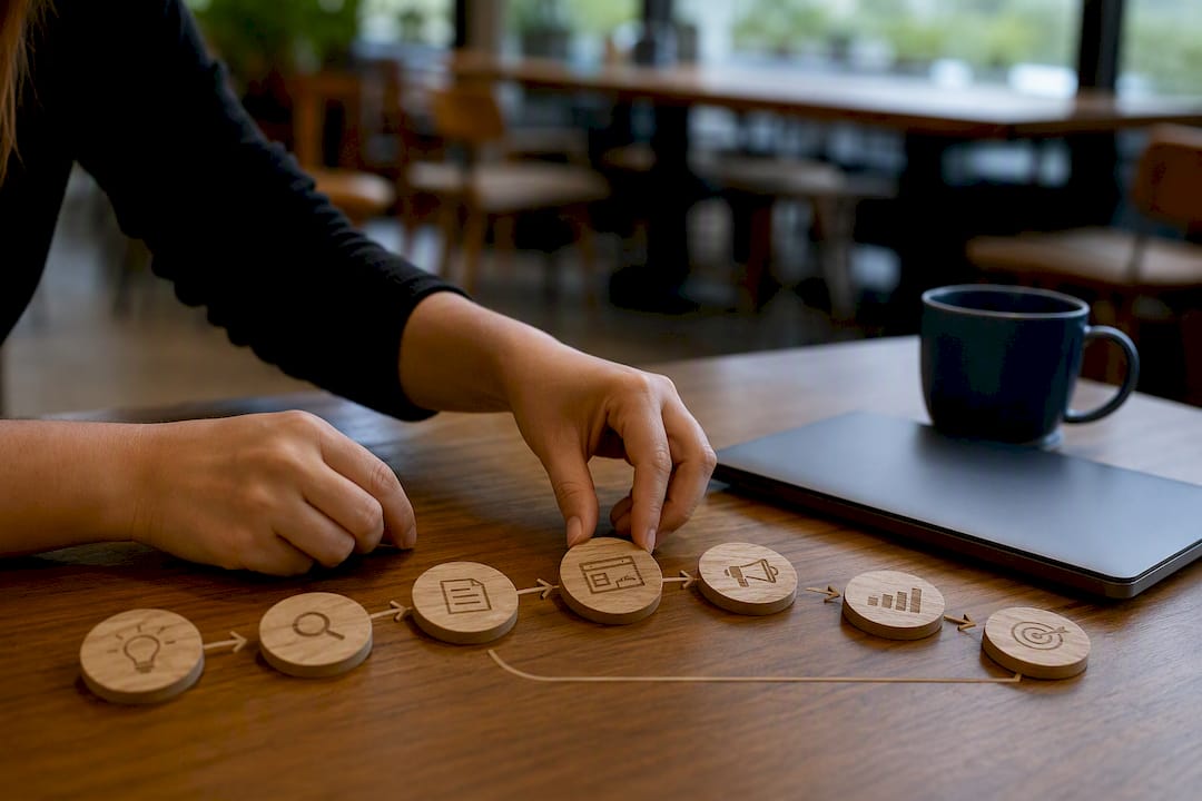 Hands sorting workflow tokens representing marketing pipeline