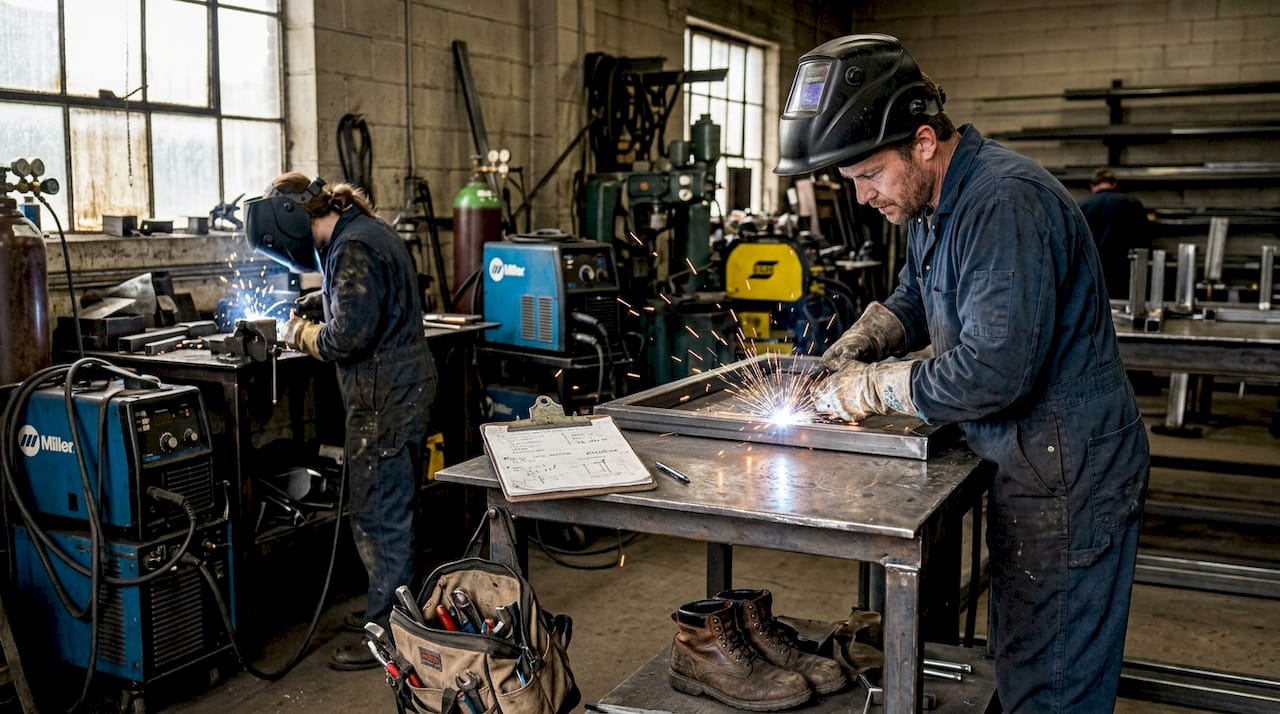 Two welders producing parts using durable machines